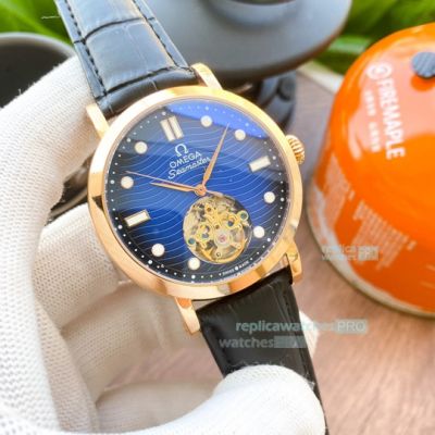 High Quality Omega Seamaster D-Blue Dial Gold Bezel Leather Strap 42mm Watch